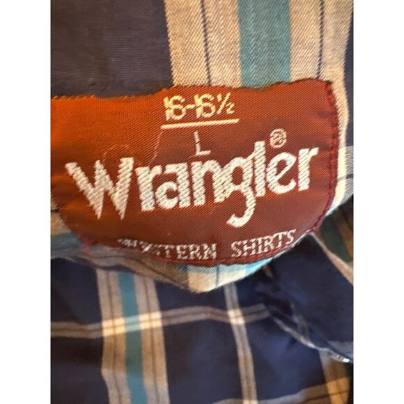 Wrangler Mens Western Plaid Shirt L Pearl Snap Button Long Sleeve Blue Cotton - Picture 5 of 5